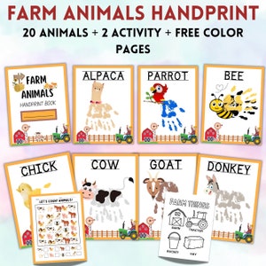 May include: A set of printable farm animal handprint activity pages. The pages feature a variety of farm animals, including a cow, goat, donkey, chick, alpaca, parrot, and bee. The pages also include a counting activity and a farm things activity.