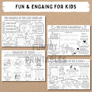 Puede incluir: Cuatro hojas de actividades en blanco y negro para ni&ntilde;os con historias b&iacute;blicas. Los t&iacute;tulos incluyen "La par&aacute;bola de la oveja perdida", "El buen samaritano", "Milagros de Jes&uacute;s" y "La alimentaci&oacute;n de los 5.000". Cada hoja tiene ilustraciones y actividades.