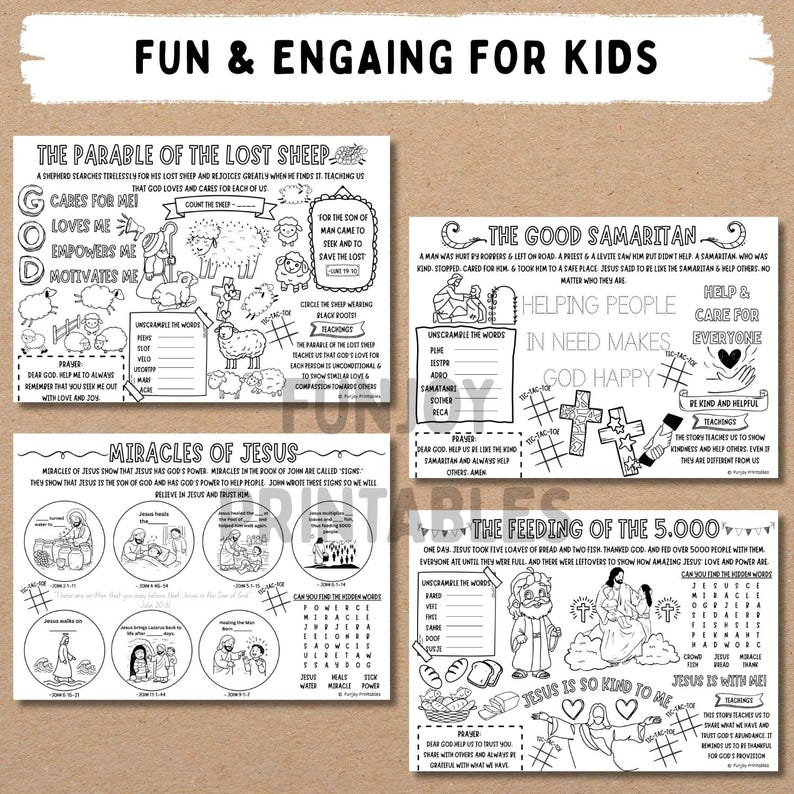Puede incluir: Cuatro hojas de actividades en blanco y negro para ni&ntilde;os con historias b&iacute;blicas. Los t&iacute;tulos incluyen "La par&aacute;bola de la oveja perdida", "El buen samaritano", "Milagros de Jes&uacute;s" y "La alimentaci&oacute;n de los 5.000". Cada hoja tiene ilustraciones y actividades.