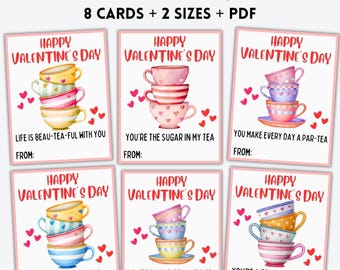 PRINTABLE Tea Valentine Cards, Classroom Valentines Day Cards, Kids Class Valentines, Tea Valentine Tags, Tea Party Valentines, DONWLOAD