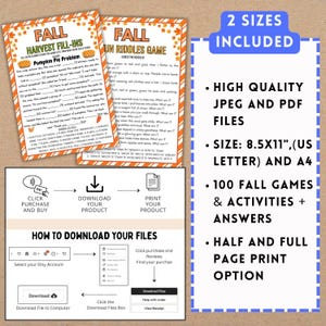 May include: Two printable fall-themed game sheets with the titles "Fall Harvest Fill-Ins" and "Fall Fun Riddles Game." The image also includes instructions on how to download the files, and a list of features, including 100 games and activities.