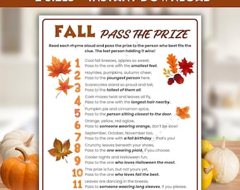 Fall Pass the Prize Game Printable, Autumn Party Game, Harvest Party Games for Kids Adults Family, Thanksgiving Fall Classroom Game