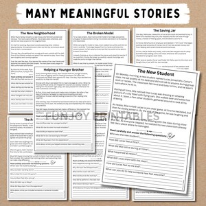 May include: A collection of printed worksheets with the title "Many Meaningful Stories." The worksheets feature various stories with accompanying questions. The stories include "The New Neighborhood," "Helping a Younger Brother," and "The New Student."