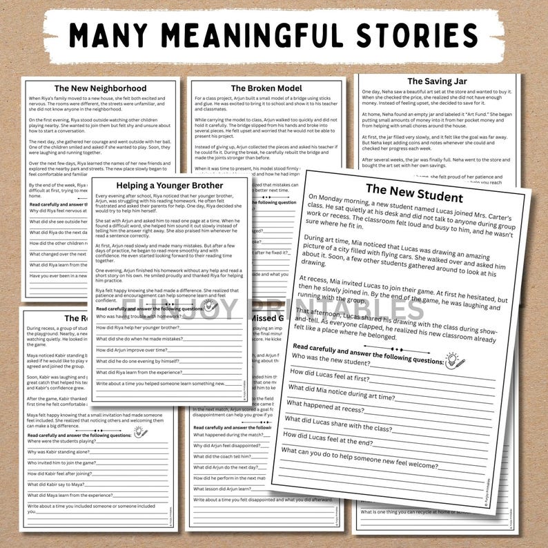 May include: A collection of printed worksheets with the title "Many Meaningful Stories." The worksheets feature various stories with accompanying questions. The stories include "The New Neighborhood," "Helping a Younger Brother," and "The New Student."