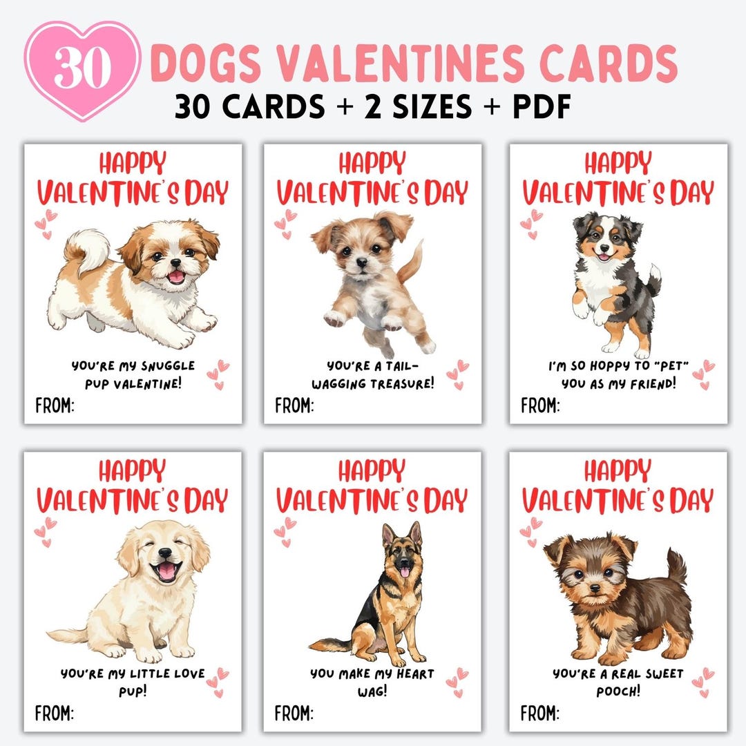 Dog Valentine Cards for Kids, Printable Classroom Valentines, Puppy ...