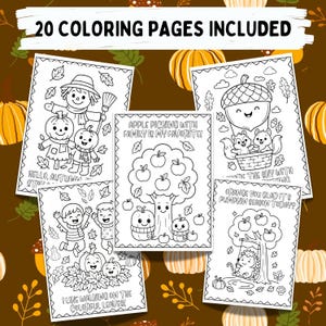 May include: A set of 20 colouring pages with autumn-themed illustrations. The pages depict pumpkins, scarecrows, apples, squirrels, and leaves. Text includes phrases such as "Hello, Autumn" and "I like walking on the colourful leaves!"