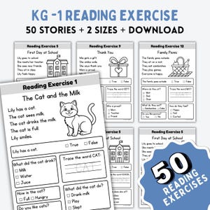 May include: A collection of KG-1 reading exercises with 50 stories, available in two sizes, and downloadable. The exercises include stories like "The Cat and the Milk" and "First Day at School," with interactive elements such as tracing words and answering questions.