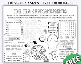 The Ten Commandments Activity Sheets, Christian Activity Pages, Bible Coloring Activity Kids, Bible Lesson, Sunday School Activity Placemat