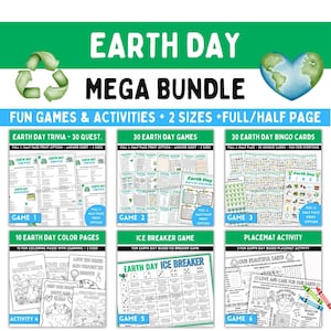 May include: Earth Day Mega Bundle featuring fun games and activities. Includes trivia, bingo cards, coloring pages, and an ice breaker game. The bundle also includes placemat activities. The image has a green and white color scheme.