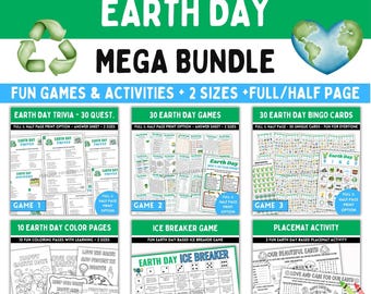 BUNDLE de méga-jeux Jour de la Terre : anecdotes, jeux, bingo, défis, brise-glace, pages à colorier, napperon, TÉLÉCHARGEMENT PDF