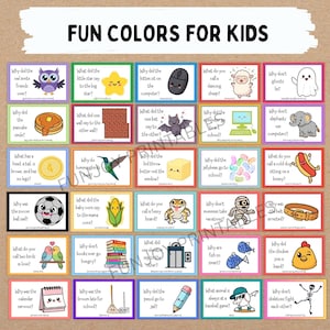 K&ouml;nnte beinhalten: Ein farbenfrohes Lernspiel f&uuml;r Kinder mit illustrierten Karten. Jede Karte enth&auml;lt ein R&auml;tsel und ein zugeh&ouml;riges Bild, mit dem Titel "FUN COLORS FOR KIDS" oben. Die Karten sind in einem Raster angeordnet, mit verschiedenen Farben und Cartoon-Illustrationen.