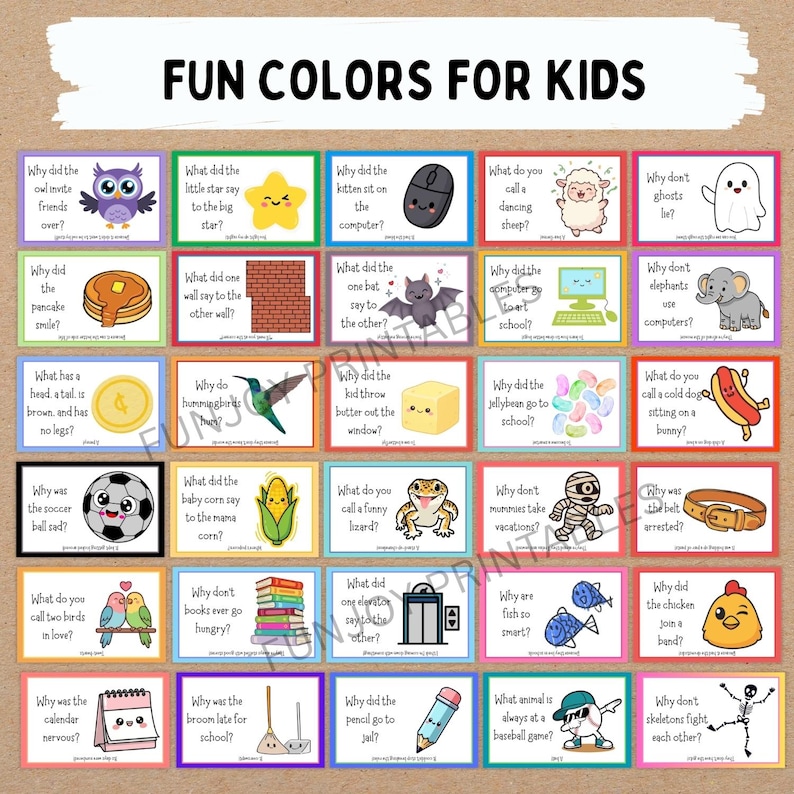 K&ouml;nnte beinhalten: Ein farbenfrohes Lernspiel f&uuml;r Kinder mit illustrierten Karten. Jede Karte enth&auml;lt ein R&auml;tsel und ein zugeh&ouml;riges Bild, mit dem Titel "FUN COLORS FOR KIDS" oben. Die Karten sind in einem Raster angeordnet, mit verschiedenen Farben und Cartoon-Illustrationen.