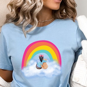 Cute girl hugging dog on cloud shirt, Cute girl dog sky hugging tee, girl in a loving embrace under rainbow T shirt, loving girl cute shirt