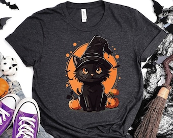Halloween schwarze Katze Shirt, Katze will Shirt spielen, süße schwarze Katze mit Kürbissen und Fledermäusen Shirt, Halloween unglückliche Katze mit Hexenhut Shirt
