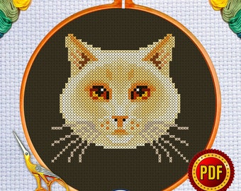 Cute Cat Face Cross Stitch Pattern 29, Animal Embroidery Chart, antique unique needlework pattern, Beginner Small, Download Digital PDF File