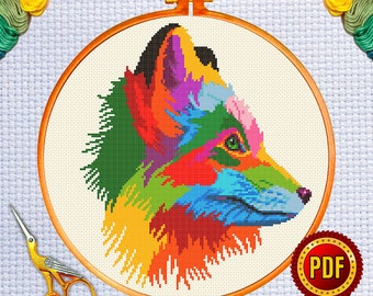 Colorful Fox Head Portrait Cross Stitch Pattern 1, Embroidery Chart, unique vintage needlework chart, Instant Digital Format PDF download,