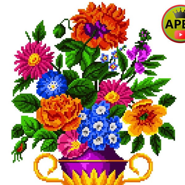 Floral cross stitch pattern berlin woolwork Vase with flowers Digital Format PDF antique unique vintage needlework chart