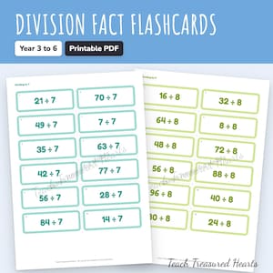 Può includere: Un set di flashcard stampabili sulle divisioni per gli anni dal 3 al 6. Il documento presenta due pagine con problemi di matematica, una pagina con divisioni per 7 in riquadri color ottanio e una per 8 in riquadri verde chiaro. Testo: Division Fact Flashcards.