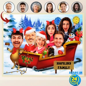 Custom Christmas Family Caricature Portrait, Christmas Group Drawing from Photo, Christmas Funny Gift, Digital Cartoon Portrait, Family Gift