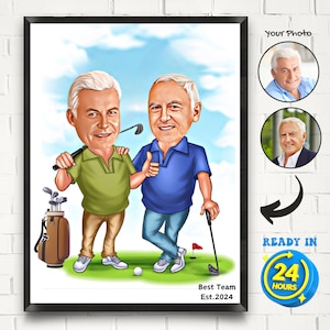 Portret golfisty z kreskówek, prezenty golfowe, prezenty golfowe dla mężczyzn, karykatura prezentów dla najlepszego przyjaciela, prezenty golfowe, spersonalizowany plakat golfowy, prezent golfowy