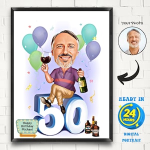 Benutzerdefinierte Karikatur zum 50 Jahre alten Mann zum Geburtstag, 50. Geburtstagskarikatur, lustiges Geburtstagskarikaturgeschenk, männliches Geburtstagsgeschenk, Mann zum Geburtstag