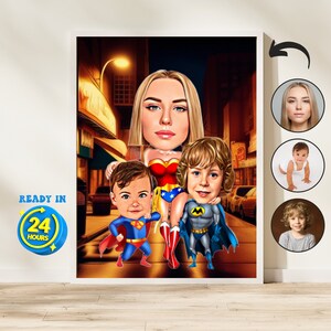 Custom Mom and Sons Caricature, Superhero Family Cartoon Portrait, Superhero Caricature, Family Portrait, Caricature from Photo, Family Gift