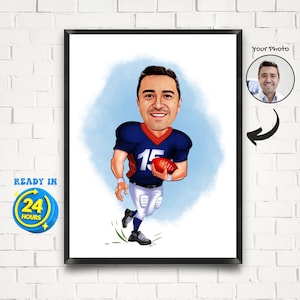 Gepersonaliseerde American Football-tekening, voetbalkarikatuur van foto, cartoon voetbalportret, grappig voetbalcadeau, sportcadeaus