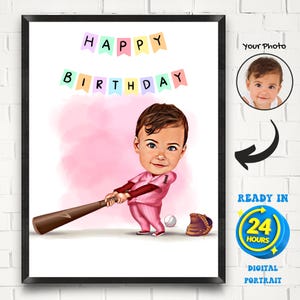 Custom Baseball Girl Player Cartoon Portrait, Get Your Own Birthday Portrait from your photo, Baseball Caricature, Gift for Baseball Player