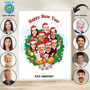 Gepersonaliseerde kerstgroepskarikatuurportret, kerstbedrijfstekening van foto, grappig kerstcadeau, cartoon familieportret