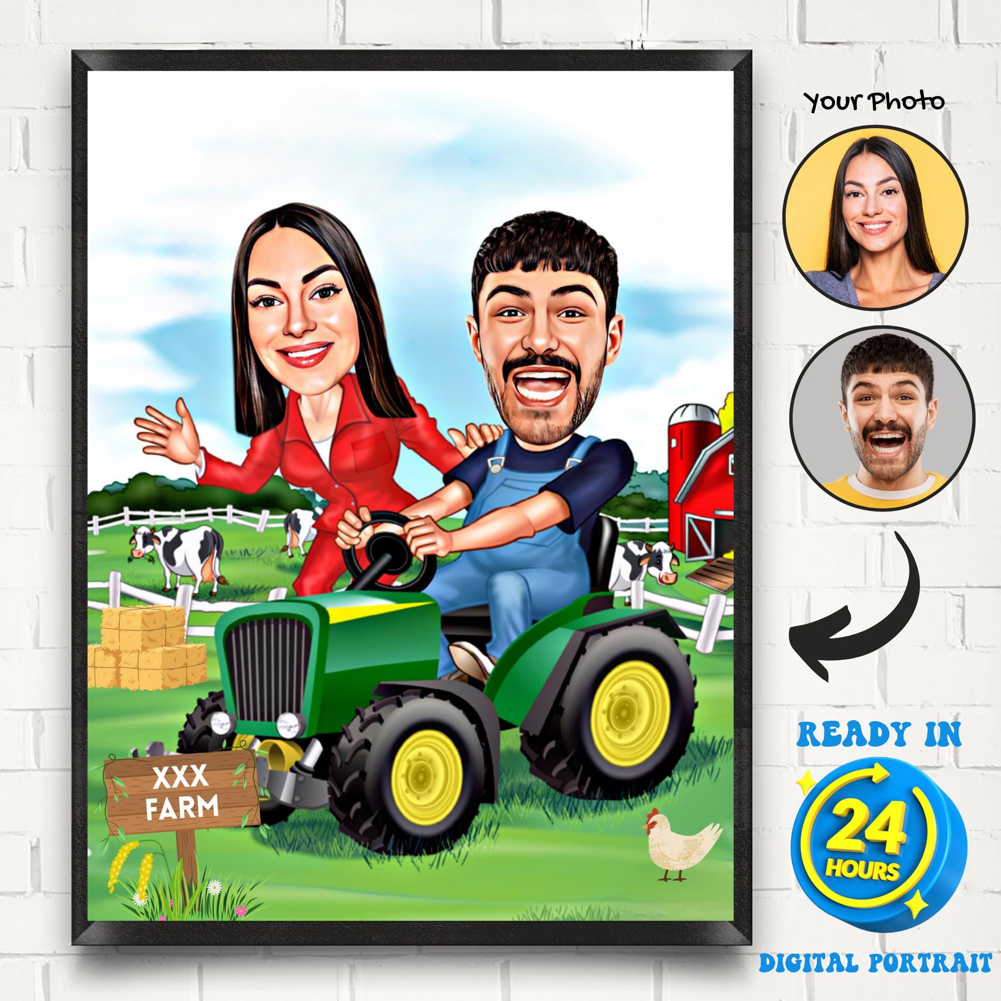 Personalized Farmer Couple Cartoon Portrait, Farmer Caricature Drawing from Photo, Farmer Gift, Farmer Cartoon, Funny Farmer Caricature