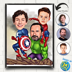 Retrato de superhéroe personalizado de padre y dos hijos, dibujo de caricatura de superhéroe a partir de una foto, retrato de caricatura de superhéroe, regalos para papá