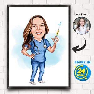 Caricatura de doctora personalizada, dibujo de dibujos animados de la foto, retrato de dibujos animados de súper doctora, regalo de médico único para mujeres, regalo para enfermera
