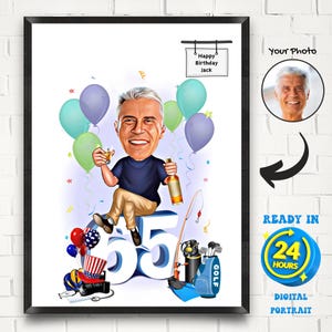 Caricatura personalizzata per il compleanno di un uomo di 65 anni, regalo di compleanno divertente, caricatura per il 65° compleanno, regalo di compleanno maschile, compleanno dell'uomo