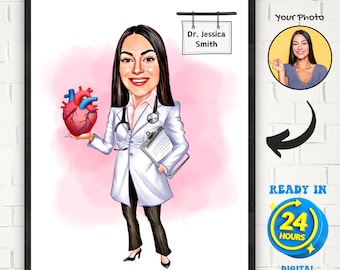 Benutzerdefinierte Super weibliche Kardiologen Karikatur, Kardiologen Geschenke, Kardiologen Cartoon Portrait, Kardiologen Geschenk, Kardiologie Geschenk für Frau