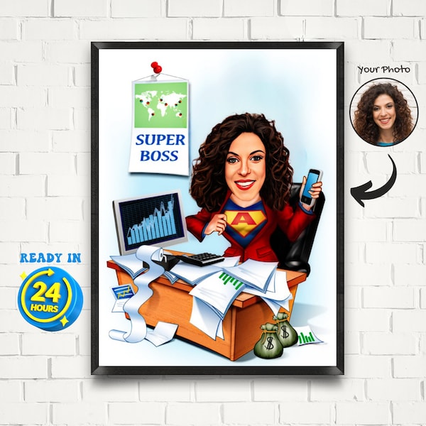 Benutzerdefinierte Super Boss Frau Cartoon Porträt, weibliche Chef Geschenke, Super Chef Karikatur, benutzerdefinierte Karikatur Porträt, Chef Karikatur vom Foto