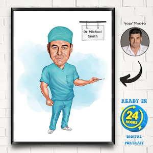 Custom Surgeon Caricature Portrait: Unique Doctor Gift (Digital)
