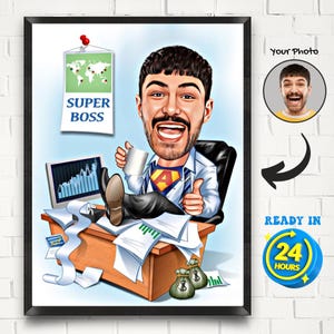 Portrait personnalisé de dessin animé Super Boss, caricature drôle de Super Boss, cadeau pour le patron, dessin caricature personnalisé Super Boss à partir d'une photo