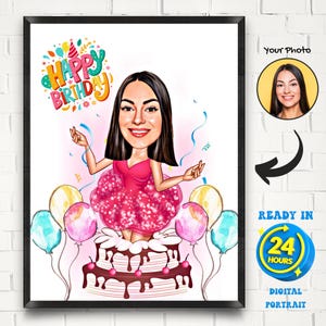Retrato de caricatura de feliz cumpleaños femenino personalizado, dibujo divertido de caricatura de cumpleaños a partir de una foto, retrato de cumpleaños de mujer, regalos de cumpleaños únicos
