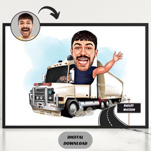Personalized Truck Driver Cartoon Portrait, Funny Truck Driver, Custom Truck Driver Caricature Drawing from Photo, Gifts for Truck Driver