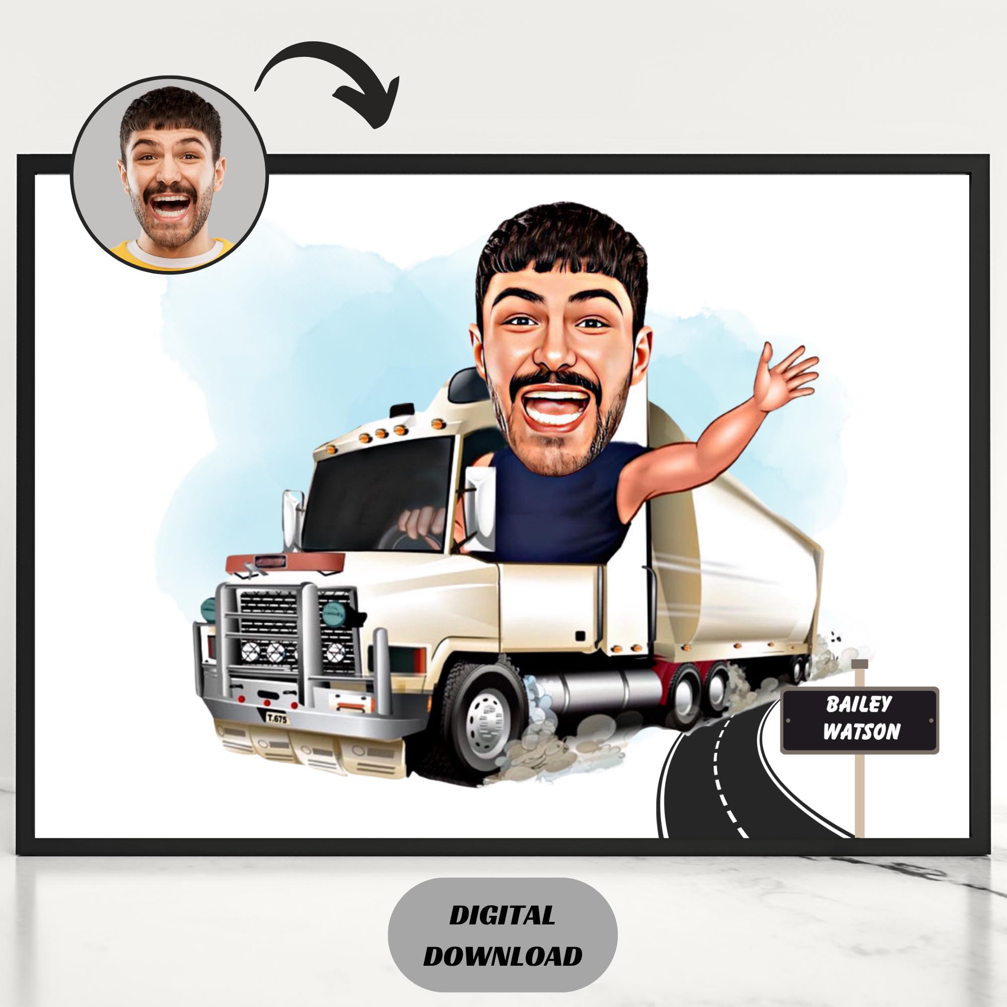 Gepersonaliseerde vrachtwagenchauffeur cartoon portret, grappige vrachtwagenchauffeur, aangepaste karikatuur tekening vrachtwagenchauffeur van foto, cadeaus voor vrachtwagenchauffeur