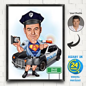 Personalisierte Polizeikarikaturzeichnung vom Foto, kundenspezifisches Polizistenkarikatur-Porträt, Geschenk für die Polizei, lustige männliche Polizeikarikatur