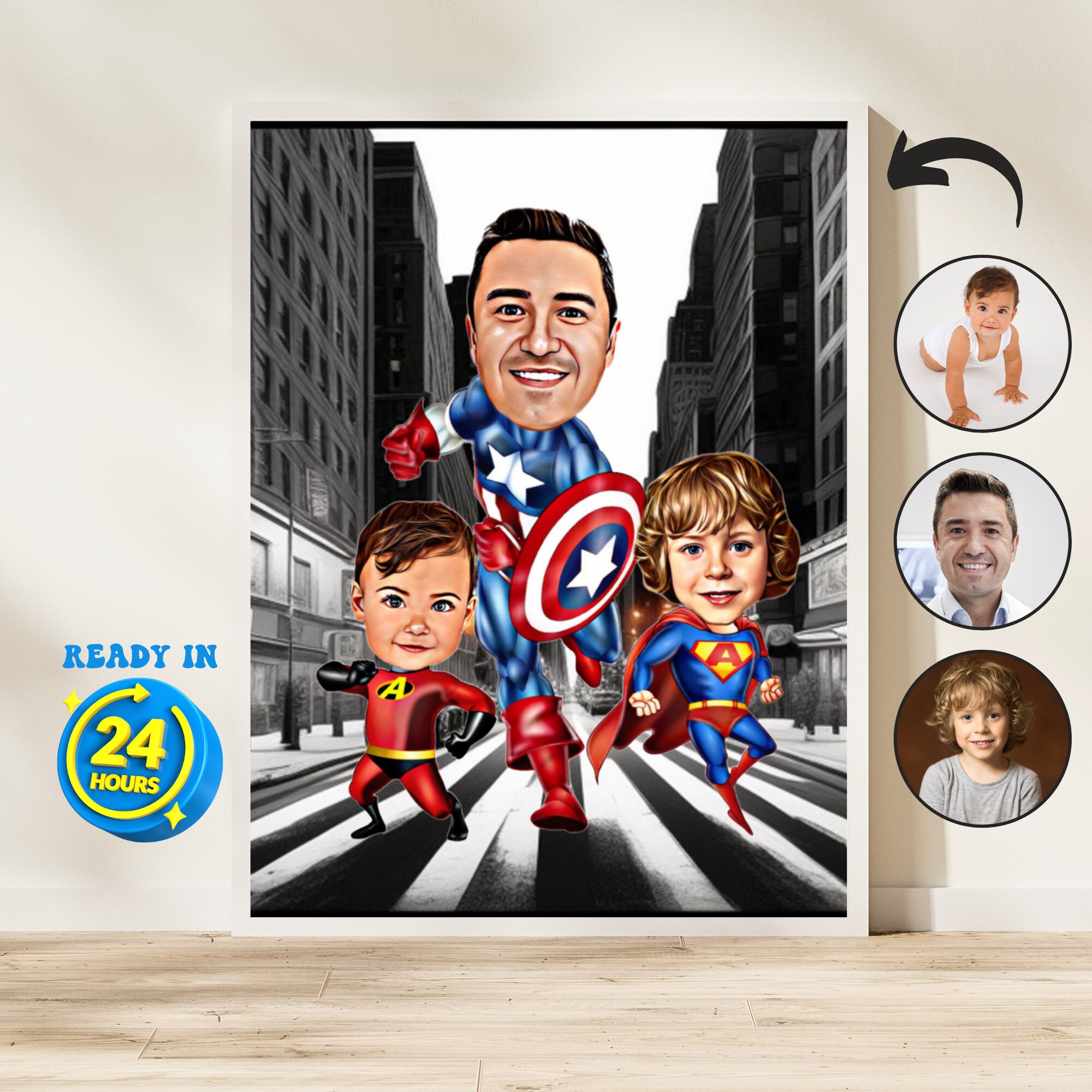 Personalized Super Dad and Sons Caricature: Custom Cartoon Portrait, Dad's Gift