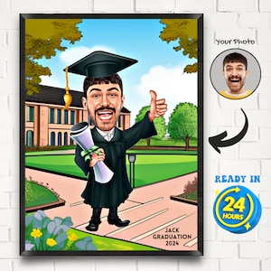 Spersonalizowany męski portret ukończenia szkoły, prezent ukończenia szkoły, komiks ukończenia szkoły, karykatura ukończenia szkoły ze zdjęcia, prezenty dla studentów w formie kolażu