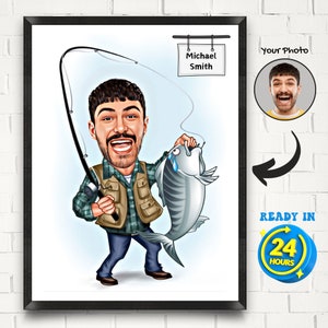 Caricatura personalizzata del pescatore: ritratto personalizzato in stile cartone animato (download digitale)