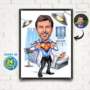 Personalized Super Doctor Cartoon Portrait, Doctor Caricature from Photo, Funny Doctor Gift, Doctor Caricature, Birthday Gift, Male Doctor