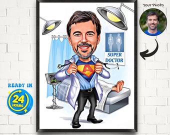 Personalized Super Doctor Cartoon Portrait, Doctor Caricature from Photo, Funny Doctor Gift, Doctor Caricature, Birthday Gift, Male Doctor