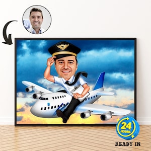 Caricatura de piloto personalizada, retrato de piloto, caricatura de piloto, presentes de piloto, caricatura de foto, caricatura de piloto personalizada de foto, presente engraçado