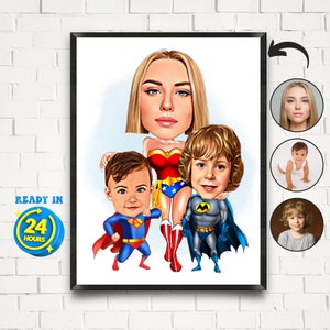 Benutzerdefinierte Superhelden Familie Cartoon Portrait: Personalisierte Karikatur Geschenk (Digitaler Download)
