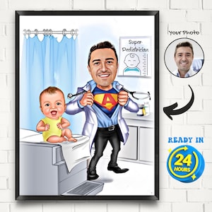 Personalisierte Kinderarzt Cartoon Porträt Super Kinder Arzt Karikatur, Cartoon vom Foto, lustiges Kinderarzt Geschenk, Super Doktor Geschenk