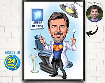 Personalized Super Dentist Cartoon Portrait, Male Dentist Caricature from Photo, Funny Dentist Gift, Dentist Caricature, Birthday Gift